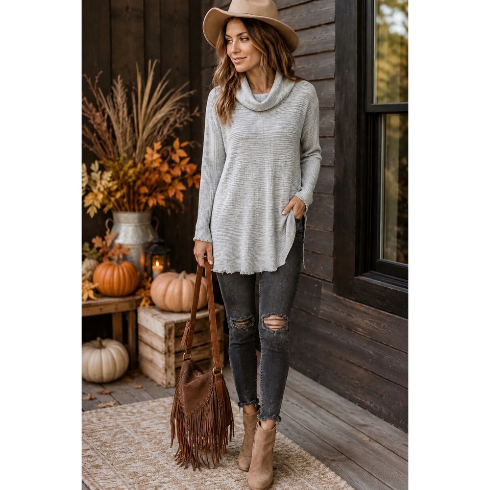 Free People We The Free Medium Gray Lover Rib Cowl Neck Split Back Boho Tunic